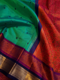 3Gram Pure Zari Kanjivaram Silk Saree in Rexona Green with Magenta & Navy Blue Border, Rich Gold Zari Pallu & Traditional Motifs | Zari Certified & Silkmark Certified