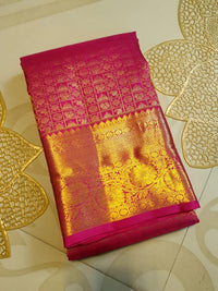 2G  Pure Kanjivaram Silk Saree in Rich Magenta Pink with Antique Gold Zari Geometric Checks, Grand Zari Border & Floral Zari Pallu | Silkmark Certified