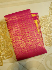 2G  Pure Kanjivaram Silk Saree in Rich Magenta Pink with Antique Gold Zari Geometric Checks, Grand Zari Border & Floral Zari Pallu | Silkmark Certified