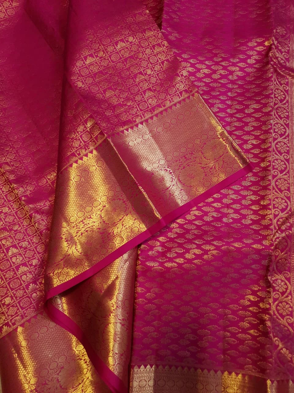 2G  Pure Kanjivaram Silk Saree in Rich Magenta Pink with Antique Gold Zari Geometric Checks, Grand Zari Border & Floral Zari Pallu | Silkmark Certified