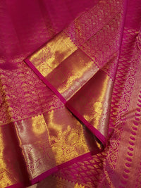 2G  Pure Kanjivaram Silk Saree in Rich Magenta Pink with Antique Gold Zari Geometric Checks, Grand Zari Border & Floral Zari Pallu | Silkmark Certified