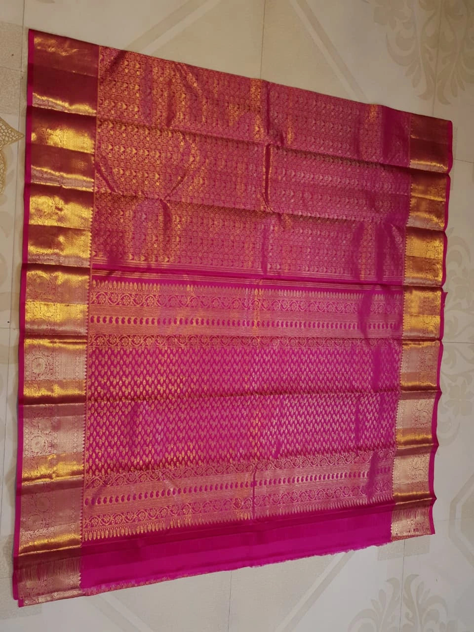 2G  Pure Kanjivaram Silk Saree in Rich Magenta Pink with Antique Gold Zari Geometric Checks, Grand Zari Border & Floral Zari Pallu | Silkmark Certified