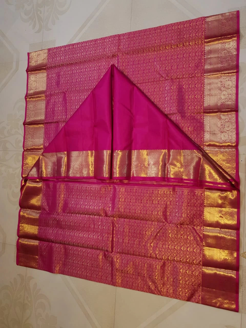 2G  Pure Kanjivaram Silk Saree in Rich Magenta Pink with Antique Gold Zari Geometric Checks, Grand Zari Border & Floral Zari Pallu | Silkmark Certified