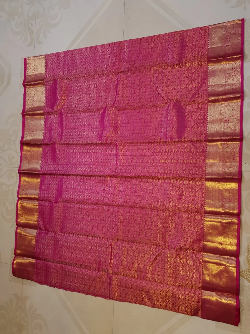 2G  Pure Kanjivaram Silk Saree in Rich Magenta Pink with Antique Gold Zari Geometric Checks, Grand Zari Border & Floral Zari Pallu | Silkmark Certified