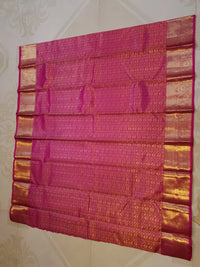 2G  Pure Kanjivaram Silk Saree in Rich Magenta Pink with Antique Gold Zari Geometric Checks, Grand Zari Border & Floral Zari Pallu | Silkmark Certified