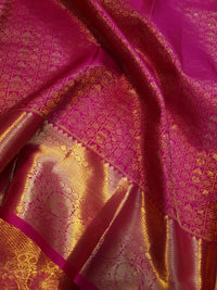 2G  Pure Kanjivaram Silk Saree in Rich Magenta Pink with Antique Gold Zari Geometric Checks, Grand Zari Border & Floral Zari Pallu | Silkmark Certified