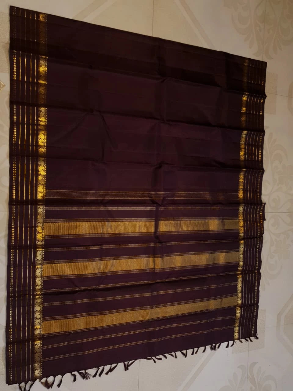 2G Pure Zari Kanjivaram Silk Saree in Deep Maroon with Rich Gold Zari Peacock Border & Traditional Zari Stripes | Silkmark Certified