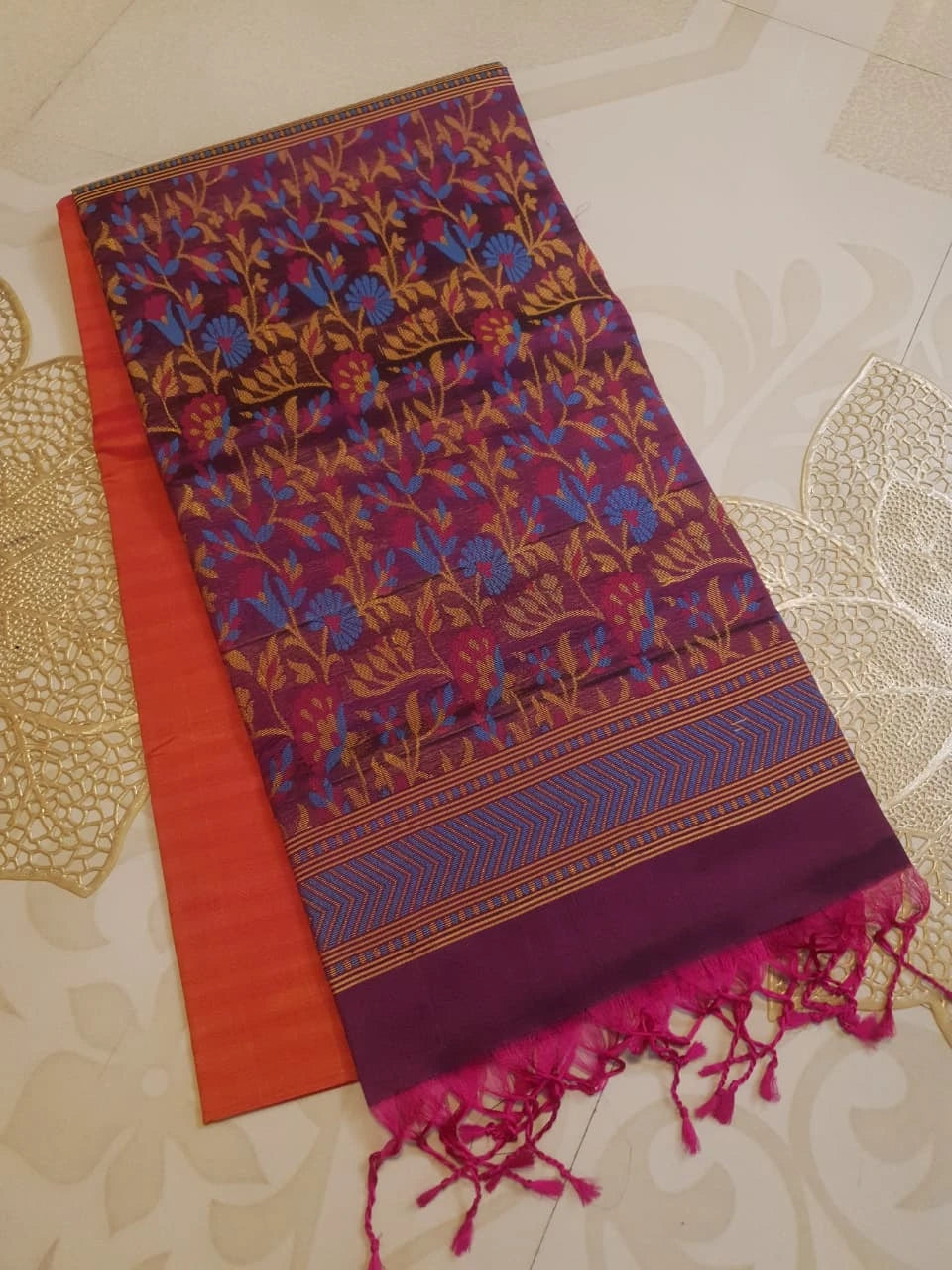 Elegant Kanchi Soft Silk Saree with Plain Border & Exclusive Floral Pallu | Silkmark Certified - Orange