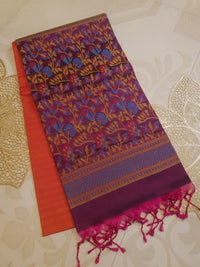 Elegant Kanchi Soft Silk Saree with Plain Border & Exclusive Floral Pallu | Silkmark Certified - Orange
