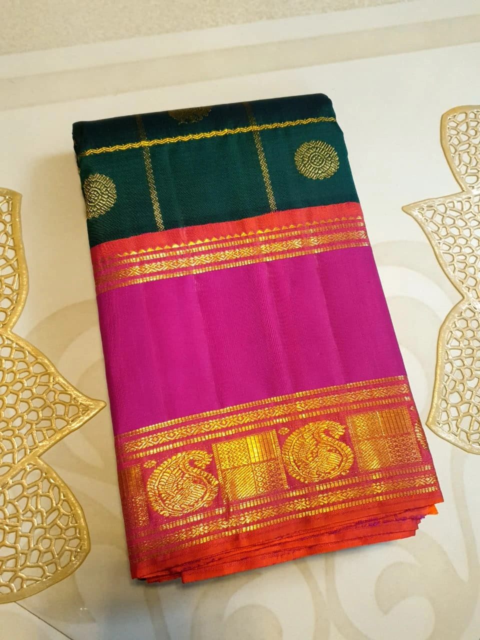 2G Kanjivaram Silk Saree in Deep Bottle Green with Magenta Contrast Border & Peacock Butta | Silkmark Certified