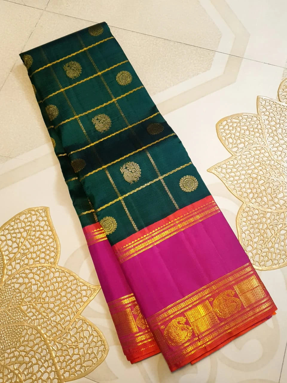 2G Kanjivaram Silk Saree in Deep Bottle Green with Magenta Contrast Border & Peacock Butta | Silkmark Certified