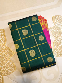 2G Kanjivaram Silk Saree in Deep Bottle Green with Magenta Contrast Border & Peacock Butta | Silkmark Certified