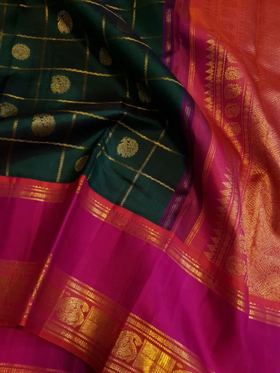 2G Kanjivaram Silk Saree in Deep Bottle Green with Magenta Contrast Border & Peacock Butta | Silkmark Certified