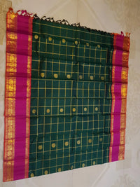 2G Kanjivaram Silk Saree in Deep Bottle Green with Magenta Contrast Border & Peacock Butta | Silkmark Certified