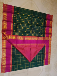 2G Kanjivaram Silk Saree in Deep Bottle Green with Magenta Contrast Border & Peacock Butta | Silkmark Certified