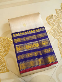 2G Pure Korvai  Kanjivaram Silk Saree in Cream with Royal Blue Peacock Zari Border & Rich Gold Zari Pallu | Silkmark Certified