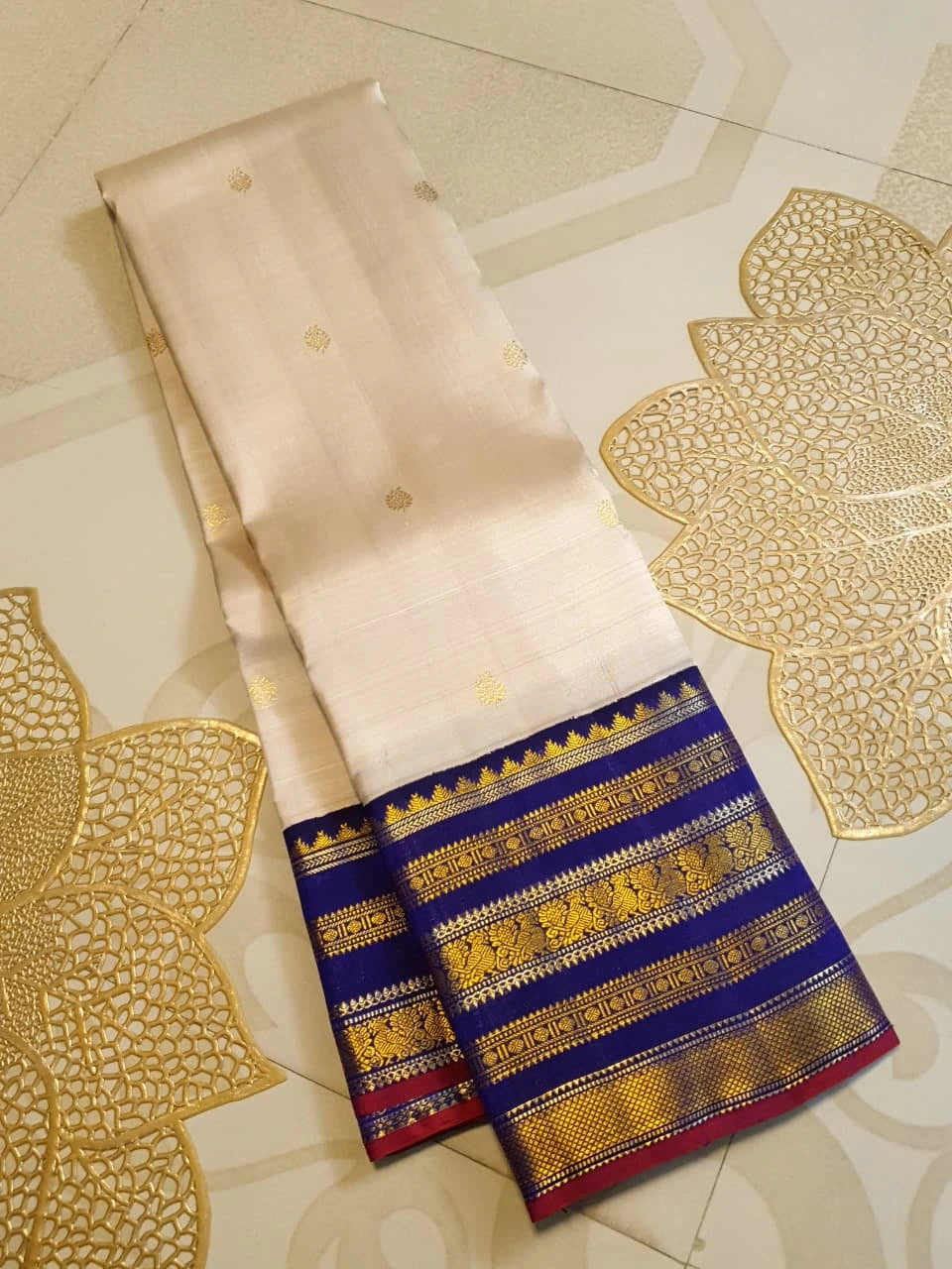 2G Pure Korvai  Kanjivaram Silk Saree in Cream with Royal Blue Peacock Zari Border & Rich Gold Zari Pallu | Silkmark Certified