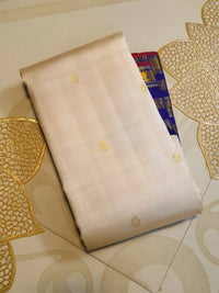 2G Pure Korvai  Kanjivaram Silk Saree in Cream with Royal Blue Peacock Zari Border & Rich Gold Zari Pallu | Silkmark Certified