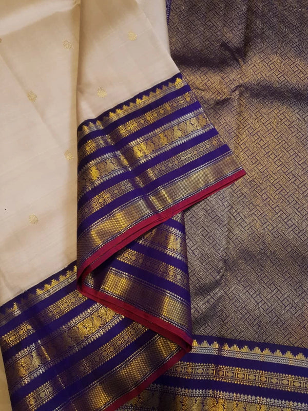 2G Pure Korvai  Kanjivaram Silk Saree in Cream with Royal Blue Peacock Zari Border & Rich Gold Zari Pallu | Silkmark Certified