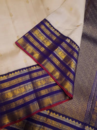 2G Pure Korvai  Kanjivaram Silk Saree in Cream with Royal Blue Peacock Zari Border & Rich Gold Zari Pallu | Silkmark Certified
