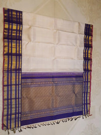 2G Pure Korvai  Kanjivaram Silk Saree in Cream with Royal Blue Peacock Zari Border & Rich Gold Zari Pallu | Silkmark Certified