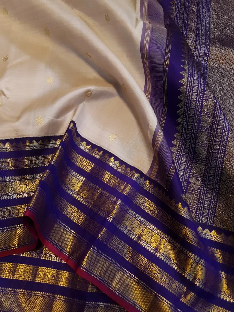 2G Pure Korvai  Kanjivaram Silk Saree in Cream with Royal Blue Peacock Zari Border & Rich Gold Zari Pallu | Silkmark Certified