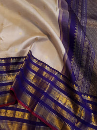 2G Pure Korvai  Kanjivaram Silk Saree in Cream with Royal Blue Peacock Zari Border & Rich Gold Zari Pallu | Silkmark Certified