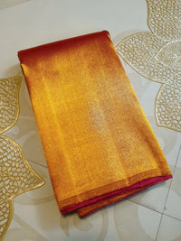 2G Pure Kanjivaram Silk Saree in Bright Orange with Rich Gold Zari Pallu & Traditional Magenta Zig-Zag Border | Silkmark Certified