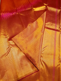 2G Pure Kanjivaram Silk Saree in Bright Orange with Rich Gold Zari Pallu & Traditional Magenta Zig-Zag Border | Silkmark Certified