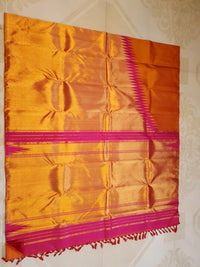 2G Pure Kanjivaram Silk Saree in Bright Orange with Rich Gold Zari Pallu & Traditional Magenta Zig-Zag Border | Silkmark Certified