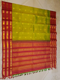 2G Pure Korvai Kanjivaram Silk Saree in Parrot Green with Rich Red & Gold Zari Peacock Border | Silkmark Certified
