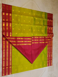 2G Pure Korvai Kanjivaram Silk Saree in Parrot Green with Rich Red & Gold Zari Peacock Border | Silkmark Certified