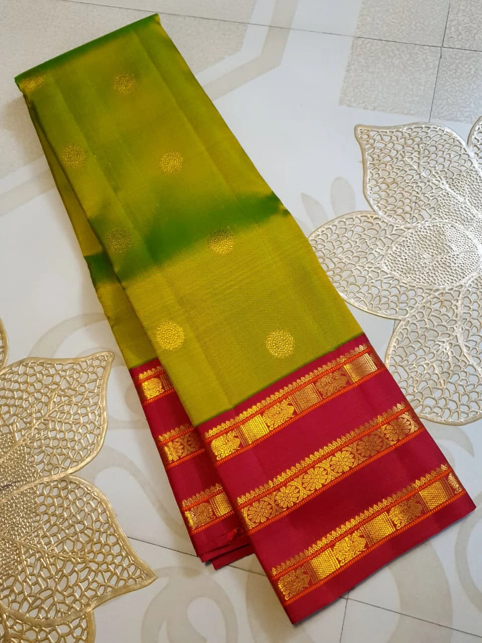 2G Pure Korvai Kanjivaram Silk Saree in Parrot Green with Rich Red & Gold Zari Peacock Border | Silkmark Certified