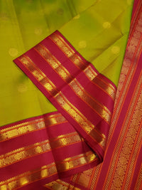 2G Pure Korvai Kanjivaram Silk Saree in Parrot Green with Rich Red & Gold Zari Peacock Border | Silkmark Certified