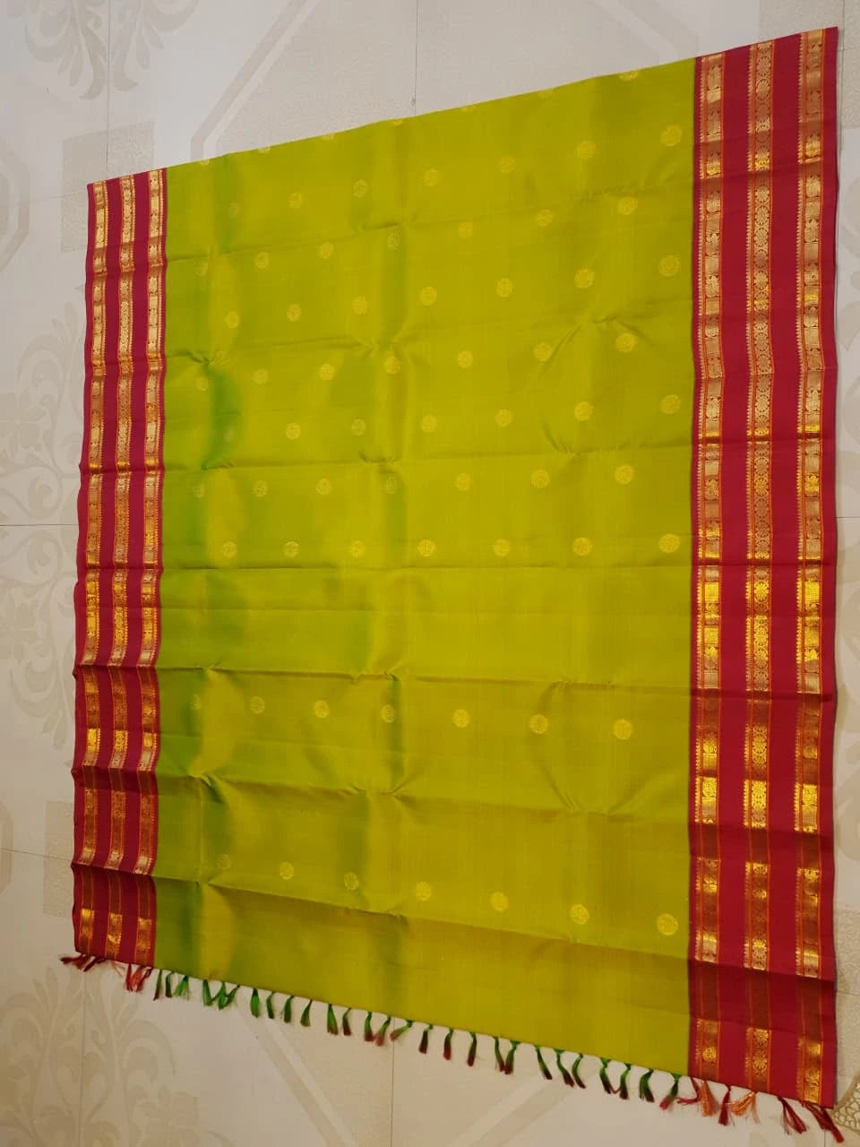 2G Pure Korvai Kanjivaram Silk Saree in Parrot Green with Rich Red & Gold Zari Peacock Border | Silkmark Certified