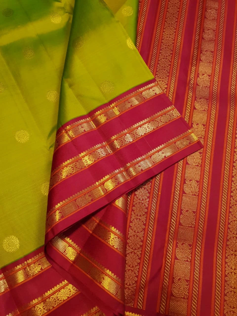 2G Pure Korvai Kanjivaram Silk Saree in Parrot Green with Rich Red & Gold Zari Peacock Border | Silkmark Certified