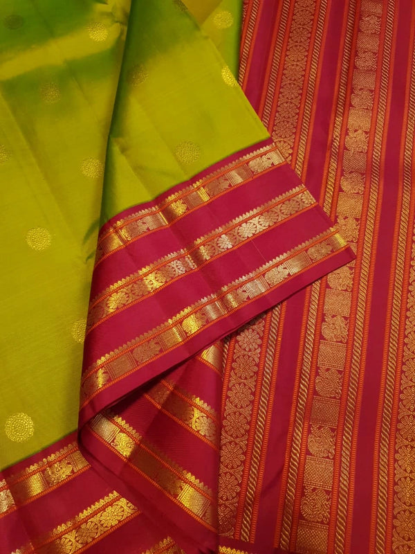2G Pure Korvai Kanjivaram Silk Saree in Parrot Green with Rich Red & Gold Zari Peacock Border | Silkmark Certified