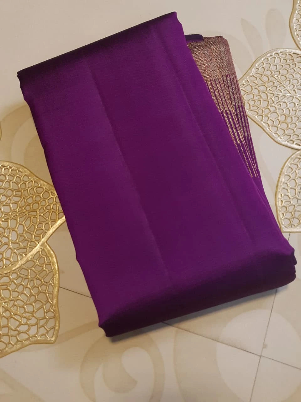 2G Kanjivaram Silk Saree in Deep Purple with Gold Zari Striped Border | Silkmark Certified