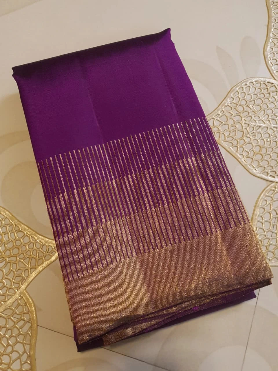 2G Kanjivaram Silk Saree in Deep Purple with Gold Zari Striped Border | Silkmark Certified