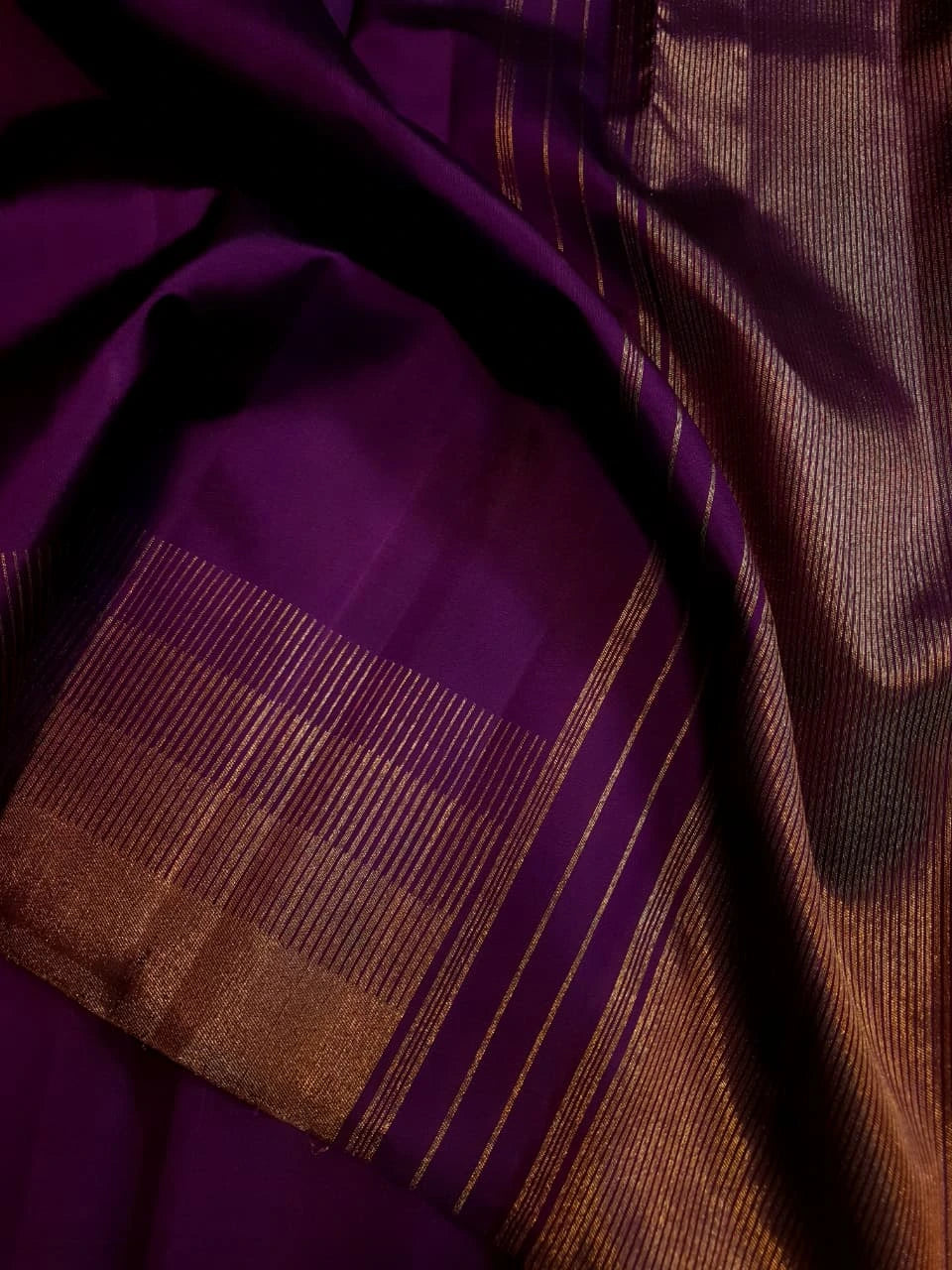 2G Kanjivaram Silk Saree in Deep Purple with Gold Zari Striped Border | Silkmark Certified