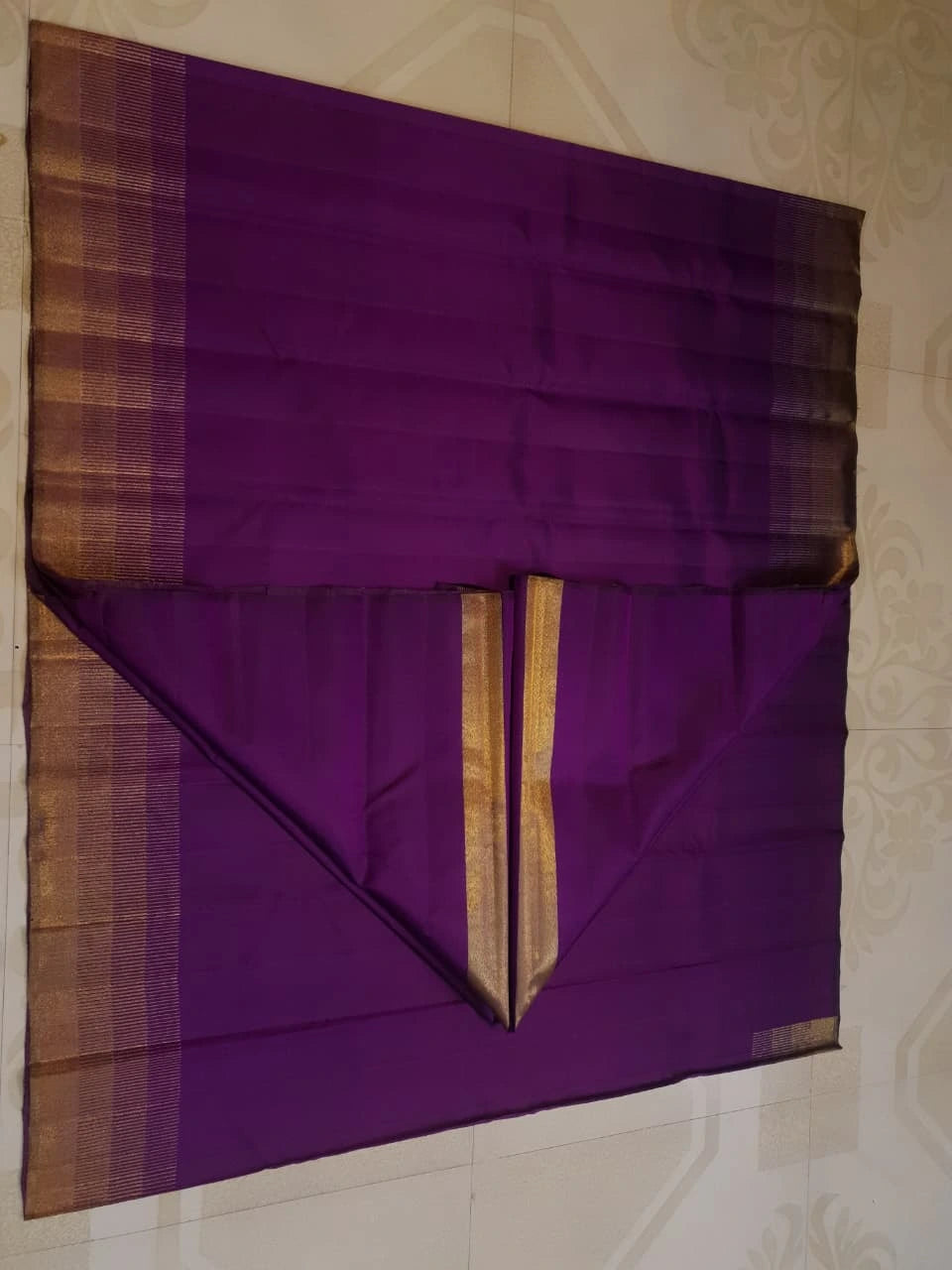 2G Kanjivaram Silk Saree in Deep Purple with Gold Zari Striped Border | Silkmark Certified