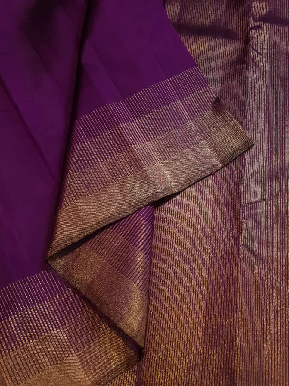 2G Kanjivaram Silk Saree in Deep Purple with Gold Zari Striped Border | Silkmark Certified