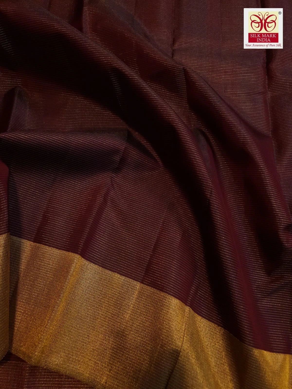 2G Pure Kanjivaram Silk Saree in Deep Maroon with Classic Gold Zari Border | Silkmark Certified