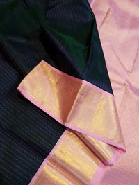 2G Pure Korvai  Kanjivaram Silk Saree in Deep Navy Blue with Pink & Gold Zari Elephant Border and Fine Vertical Stripes | Silkmark Certified