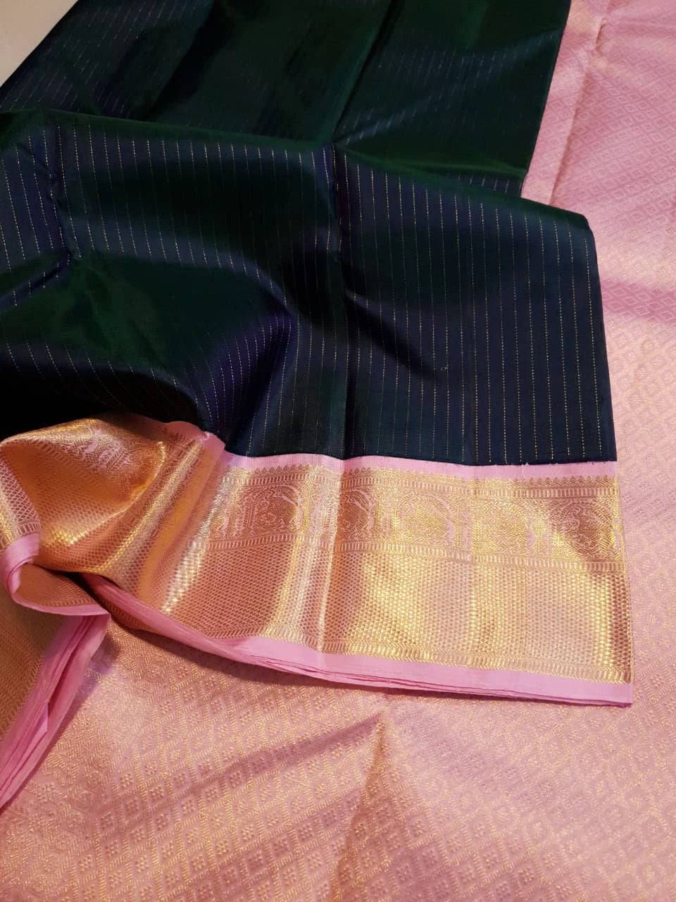 2G Pure Korvai  Kanjivaram Silk Saree in Deep Navy Blue with Pink & Gold Zari Elephant Border and Fine Vertical Stripes | Silkmark Certified