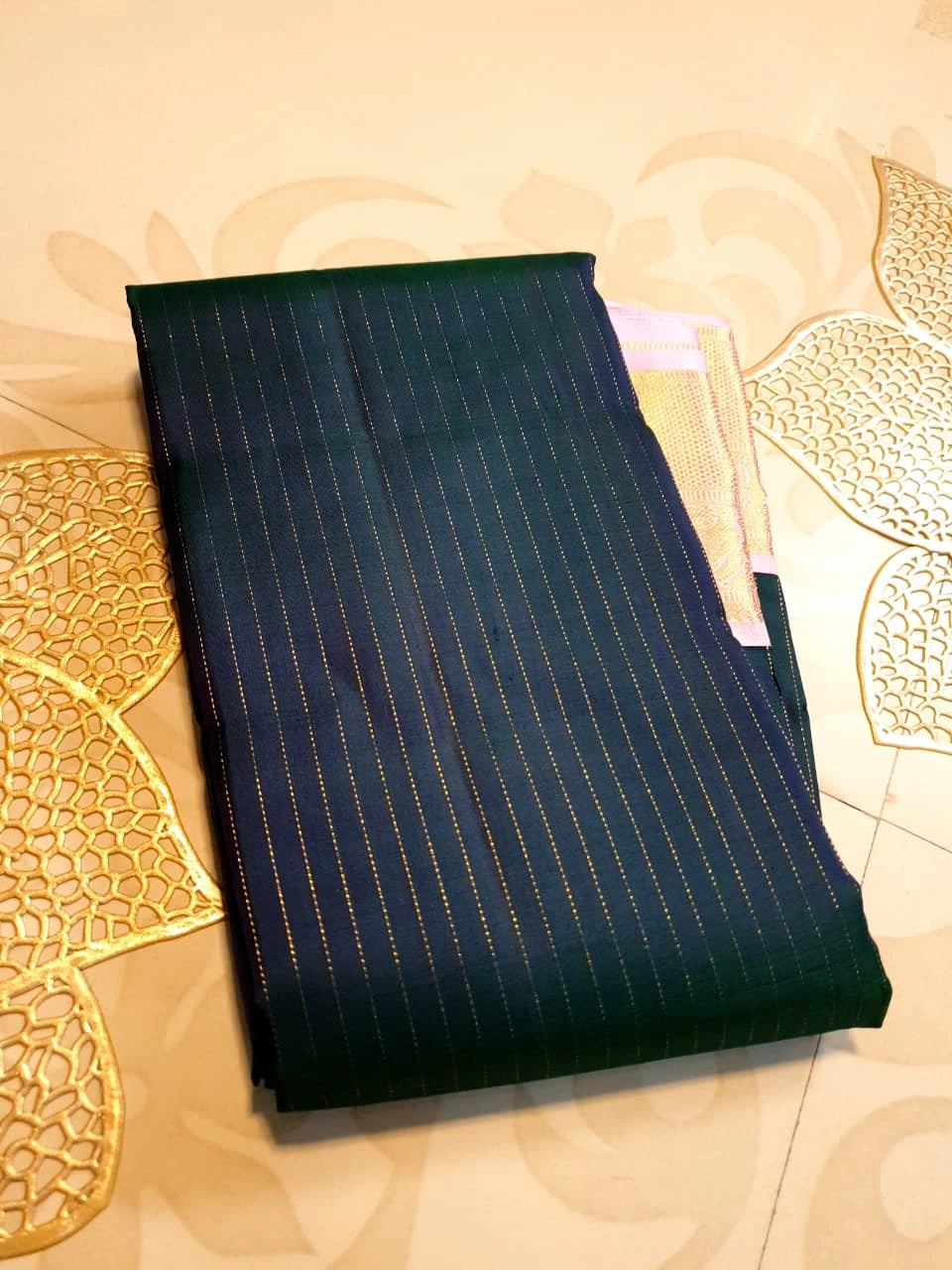2G Pure Korvai  Kanjivaram Silk Saree in Deep Navy Blue with Pink & Gold Zari Elephant Border and Fine Vertical Stripes | Silkmark Certified