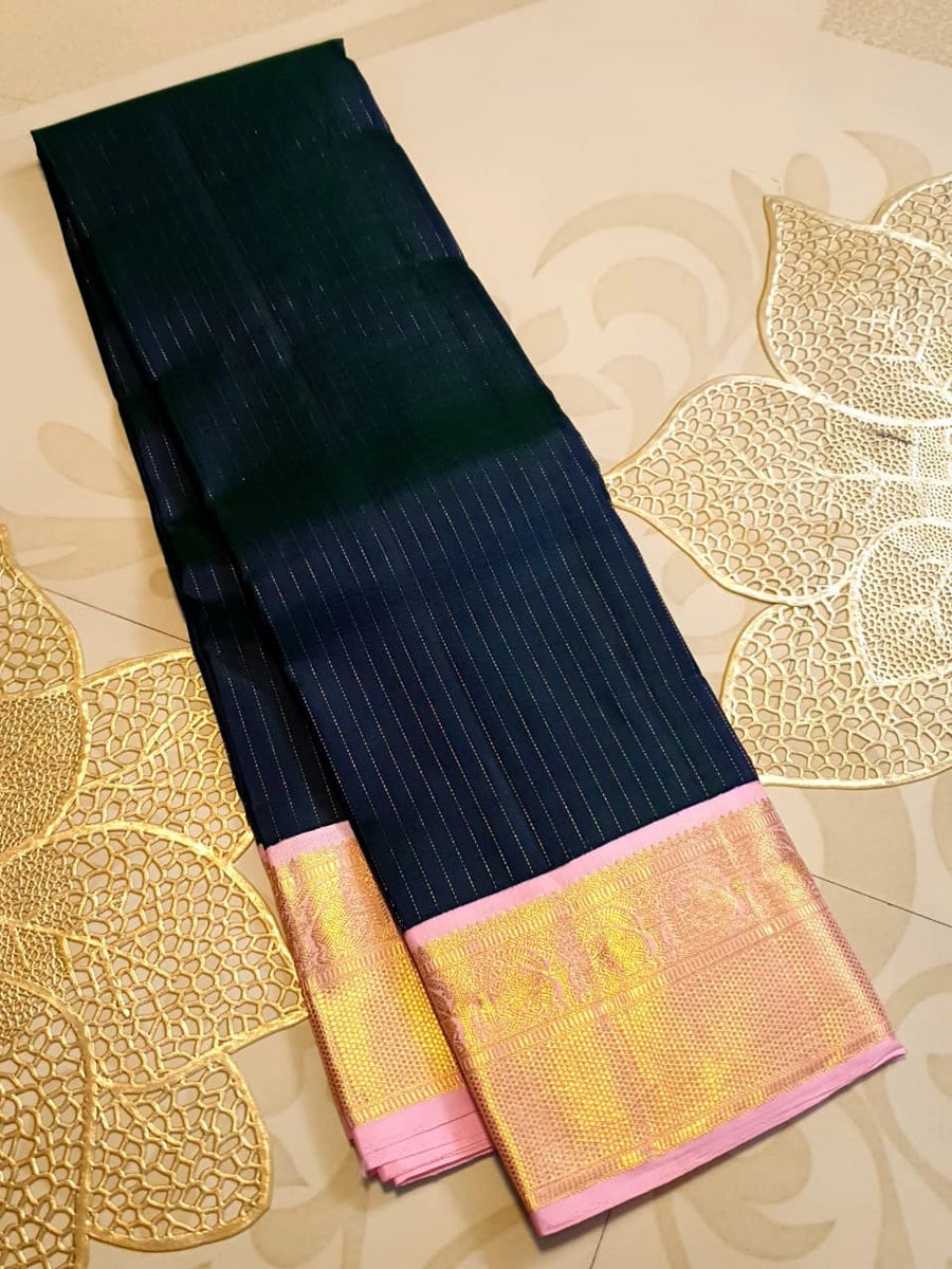 2G Pure Korvai  Kanjivaram Silk Saree in Deep Navy Blue with Pink & Gold Zari Elephant Border and Fine Vertical Stripes | Silkmark Certified