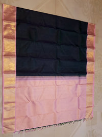 2G Pure Korvai  Kanjivaram Silk Saree in Deep Navy Blue with Pink & Gold Zari Elephant Border and Fine Vertical Stripes | Silkmark Certified