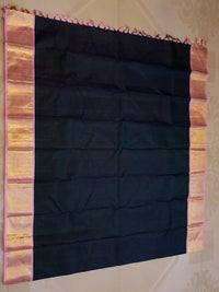 2G Pure Korvai  Kanjivaram Silk Saree in Deep Navy Blue with Pink & Gold Zari Elephant Border and Fine Vertical Stripes | Silkmark Certified