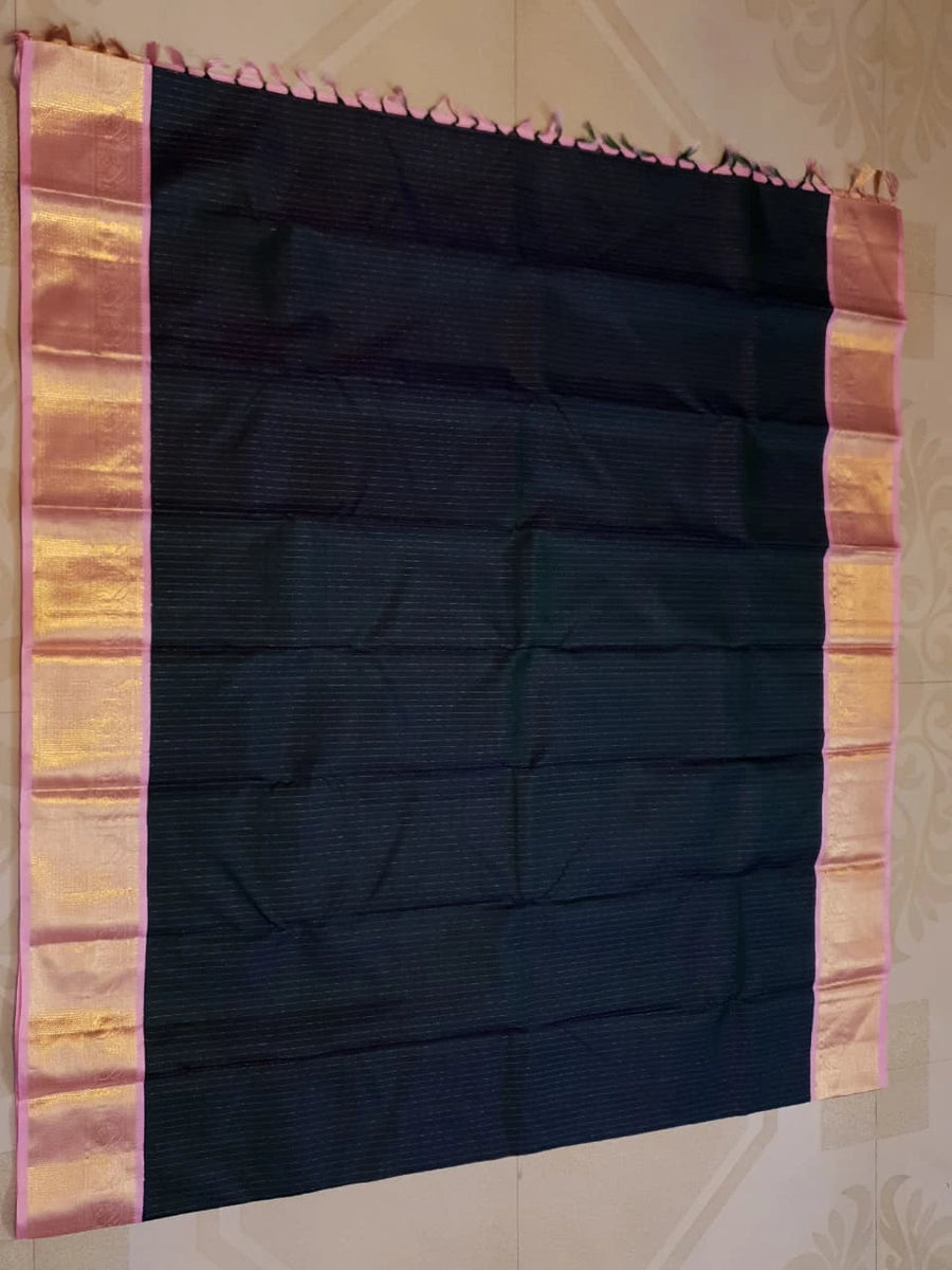 2G Pure Korvai  Kanjivaram Silk Saree in Deep Navy Blue with Pink & Gold Zari Elephant Border and Fine Vertical Stripes | Silkmark Certified